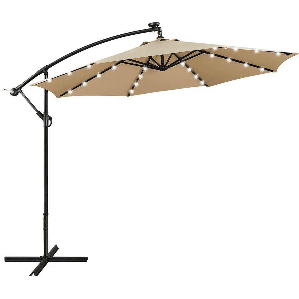Yaheetech 10 Ft Patio Offset Umbrella with 32 LED Lights and Crank & Cross Base, Tan