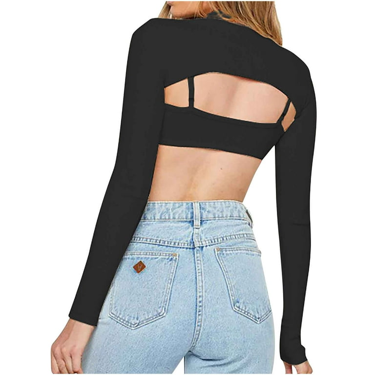 Turtleneck Cropped Tops for Women Long Sleeve Cutout Solid Hollow