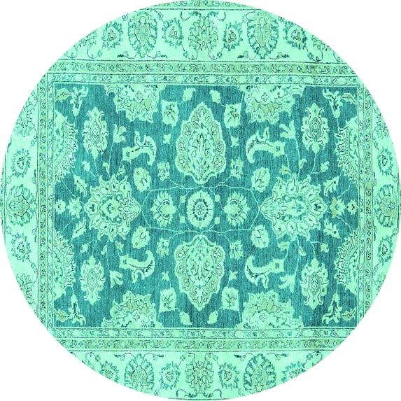 Ahgly Company Machine Washable Indoor Round Oriental Turquoise Blue Traditional Area Rugs, 3' Round