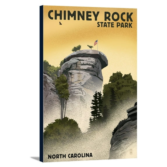 Chimney Rock State Park, North Carolina - Chimney Rock - Lithograph Style - Lantern Press Poster (12x18 Gallery Wrapped Stretched Canvas)