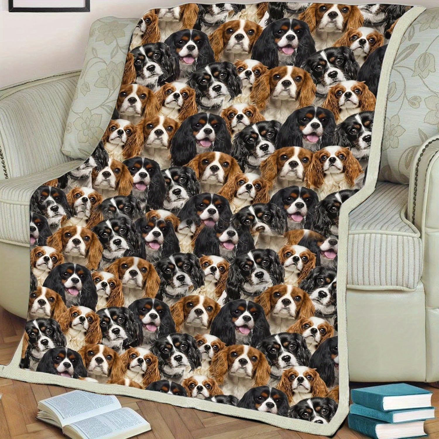1pc Cavalier King Charles Spaniel Dog Blanket - Vintage Style Plush Flannel Throw with Multi-Color Dog Face Print, All-Season Cozy Blanket for Home, Office, Gift for Dog Lovers (Machine Washable), Co