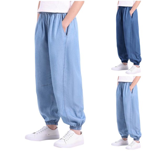 BXSRUTA Kids Summer Jogger Pants Elastic Waist Loose Fit Breathable Trousers with Pockets for Boys and Girls Sun Protection