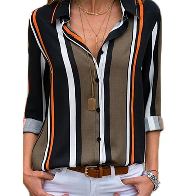 Womens Striped Shirt Fashion Long-Sleeved Lapel Chiffon Shirt Casual top 