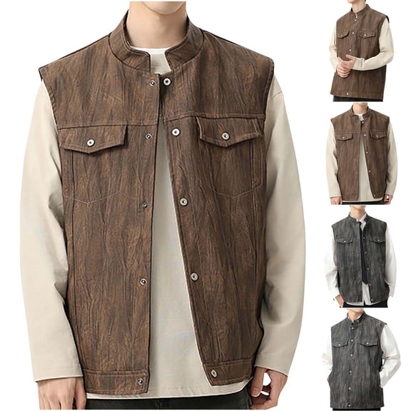 RYDCOT Men's Vintage Motorcycle Faux Leather Vest Punk- Classic Black Leather, Banded Collar, Covered Snaps Coffee