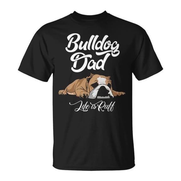 English Bulldog Apparel Tee Unisex Adult Cotton T-Shirt with Bulldog Dad “Life Is Ruff” Graphic Casual Shirt for Dog Lovers, Size 5XL, Color Black