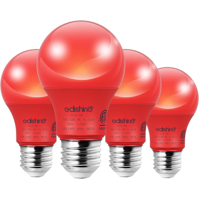 shiyou-4 Pack Ampoules Rouges, Ampoule LED A19 Équivalent 60W, Base Moyenne E26, 9W, Lumières Rouges pour Chambre, Décoration de Noël, Porche, Jardin, Éclairage Domestique, Non-dimmable, Certifié ETL