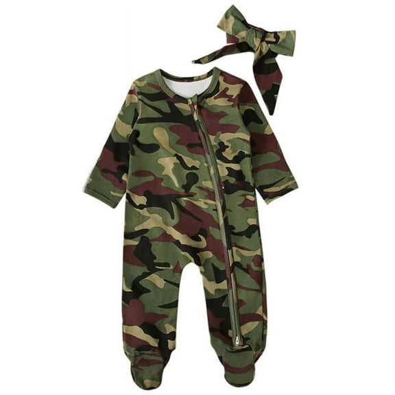 Newborn Baby Boys Girls Camouflage Footed Romper Jumpsuit Bodysuit Headband Outfit Set Clothes