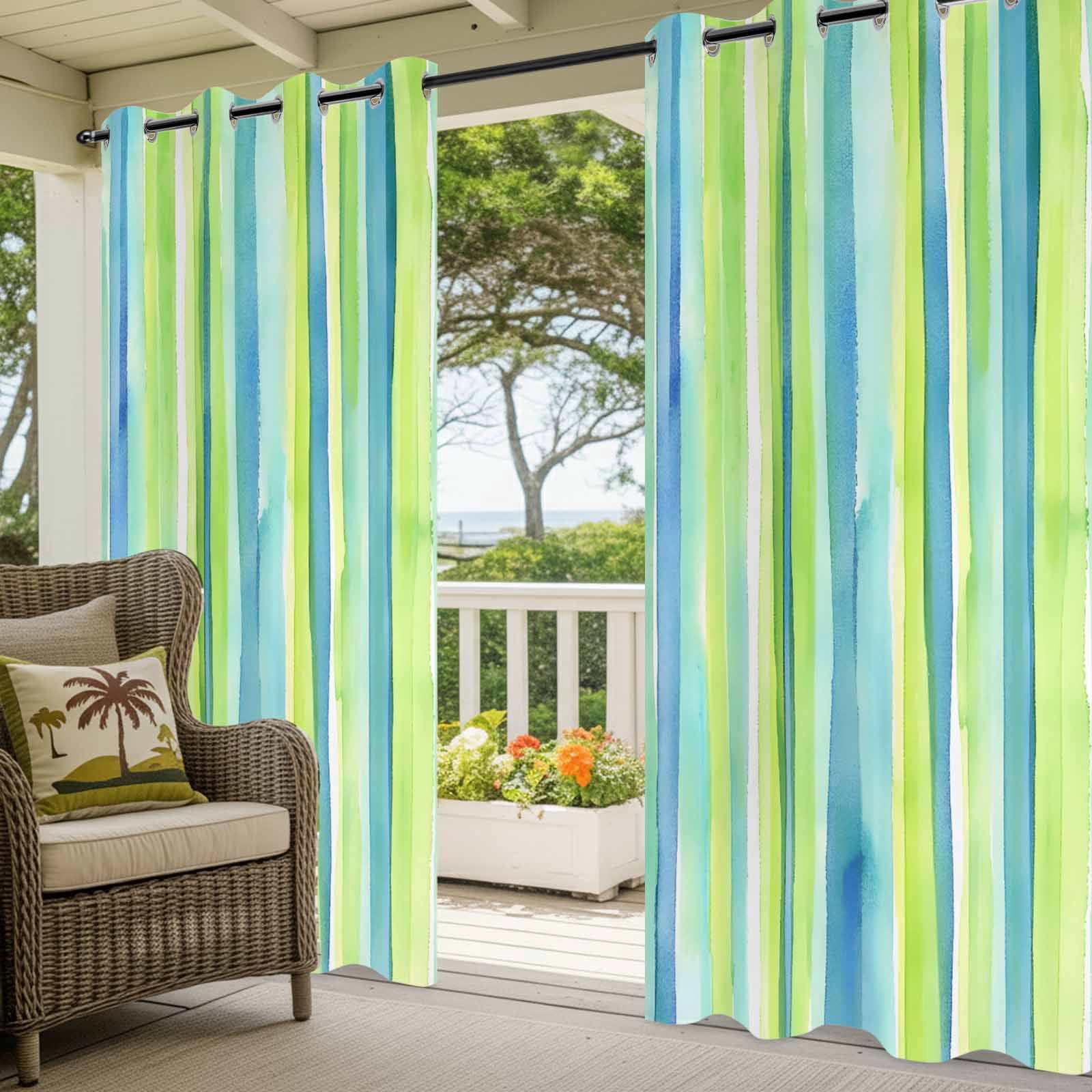 Green Yellow Striped Outdoor Curtains for Patio Waterproof, Abstract Art Watercolor Ombre Grommet Curtains for Porch Outside Privacy Drape for Gazebo Garden Pergola, 2 Panels, 54x84in