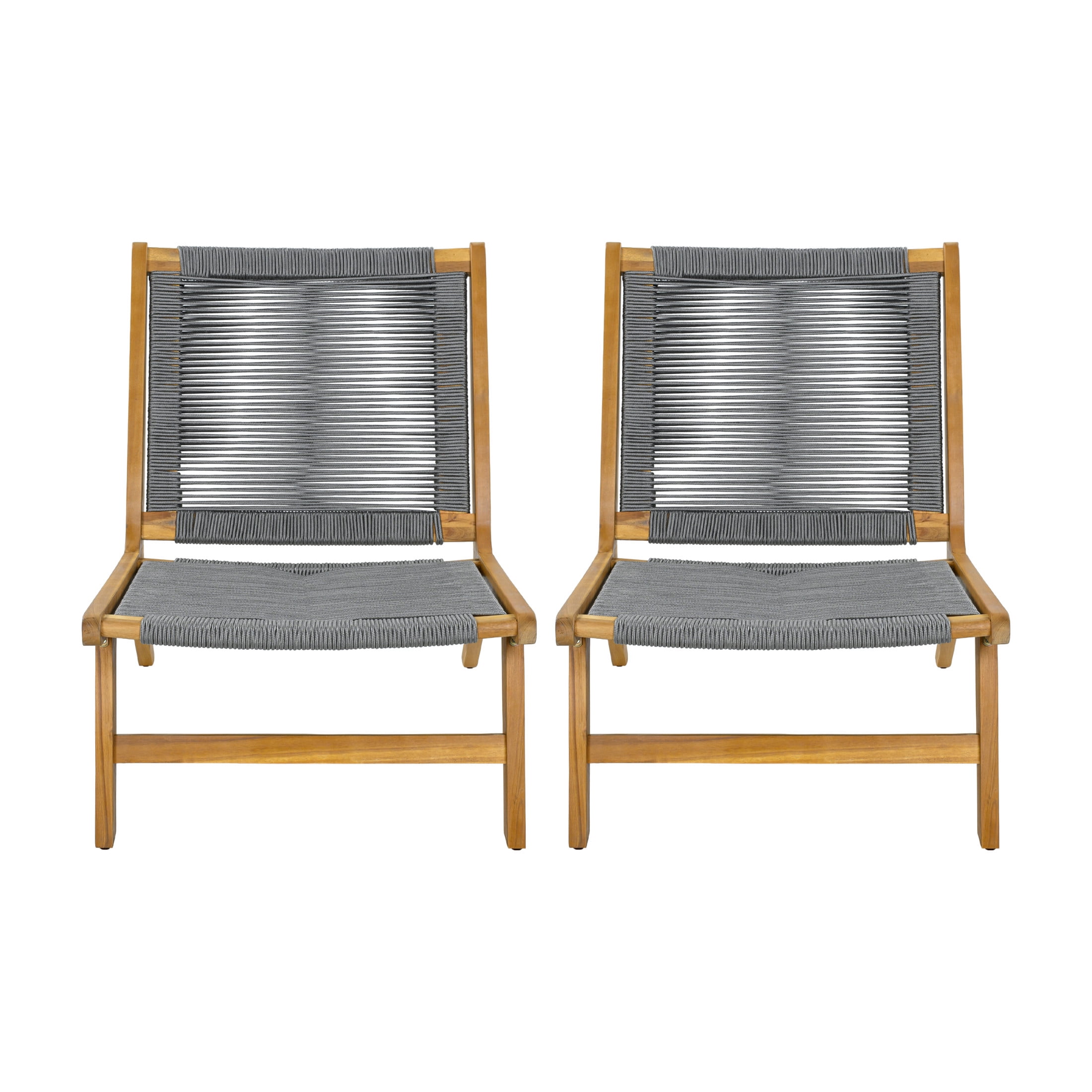 Christopher Knight Home Set of 2 Outdoor Lounge Chairs, Acacia Wood Rope Patio Chairs, Teak + Gray