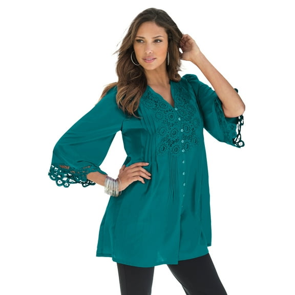 Roaman's Women's Plus Size Juliet Lace Trim Button-Down Shirt