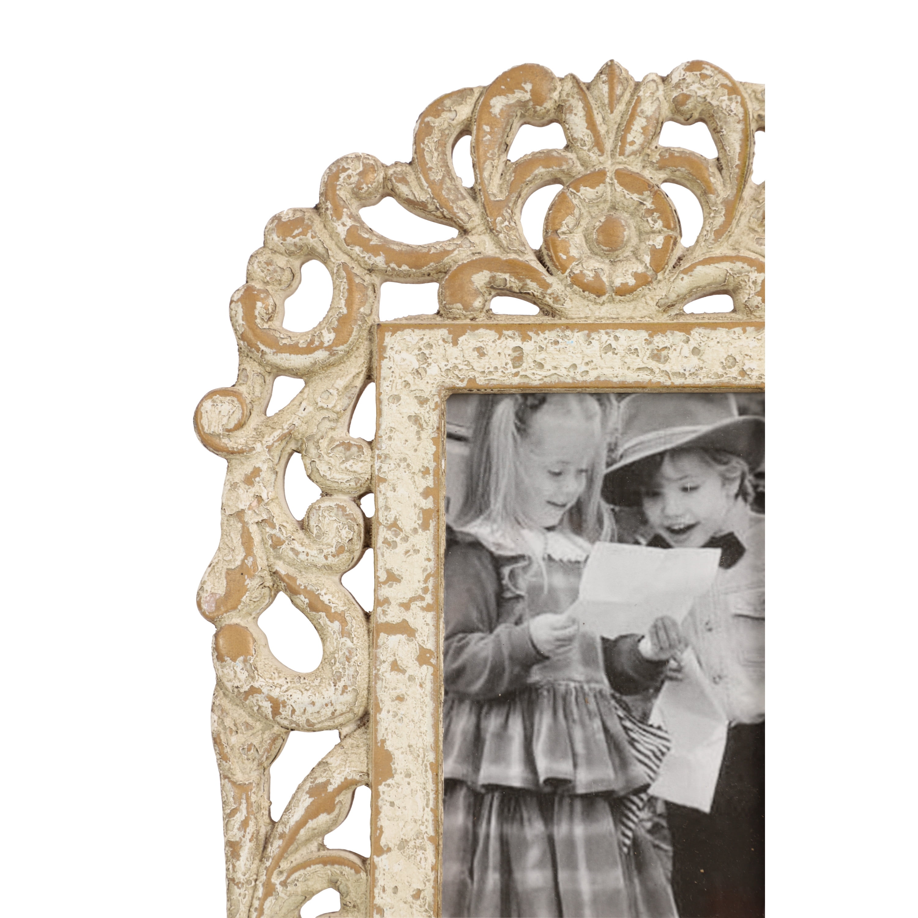 DecMode 4" x 6" Handmade Intricate Carved White Scroll Photo Frame