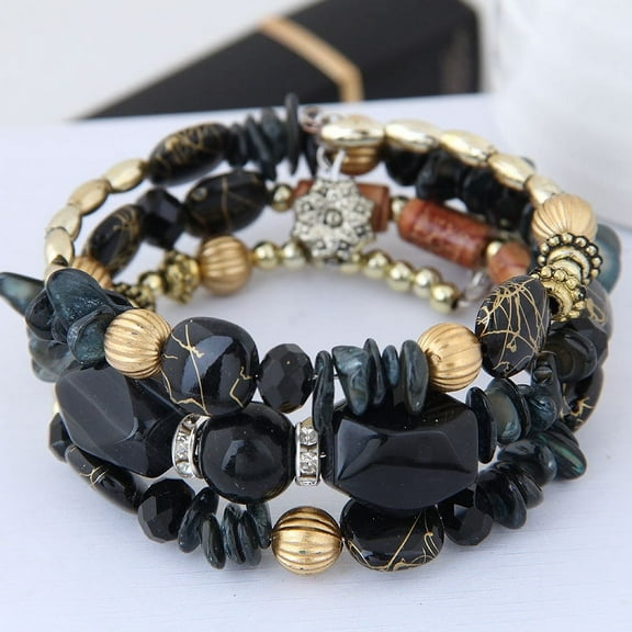 Namzi Summer Boho Retro Style Multilayer Wrap Irregular Beads with Flower Charm Bracelets, Ethnic Jewelry for Women-Black