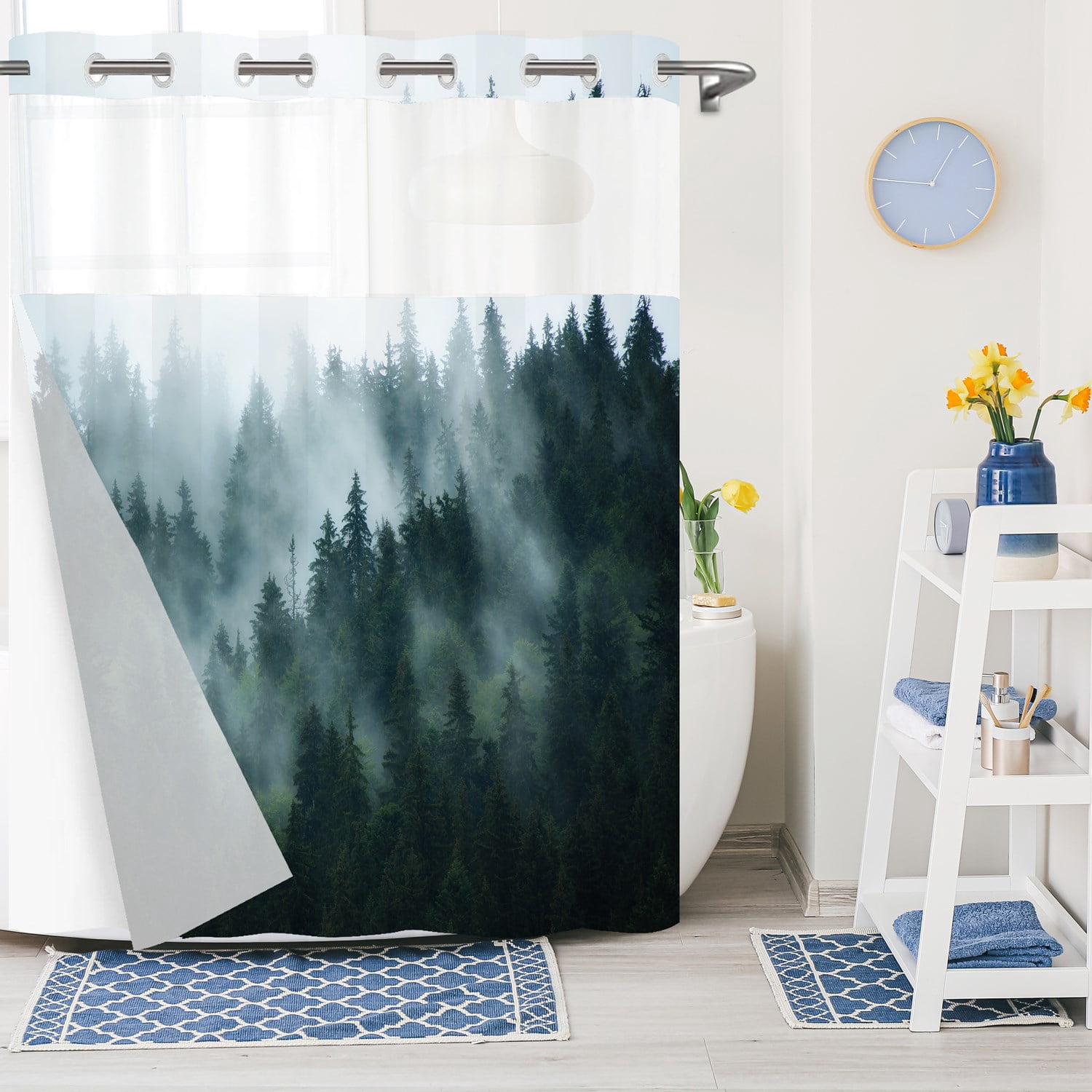 Goodbath No Hook Shower Curtain with Snap in Liner,Nature Landscapes Misty Forest Trees Fabrci Shower Curtains, Double Layer, Mesh Top Window,71 x74 inches,Green