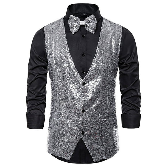 Pisexur Men's Shiny Sequins Vest Formal V-Neck Slim Fit Party Nightclub Stylish Vest Waistcoat with Pockets for Party Dinner Prom