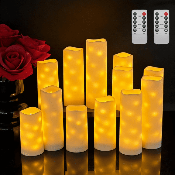 Goyuon Flameless Candles Embedded Star String Flickering LED Pillar Battery Operated with Remote Control and Timer, 12 Pack
