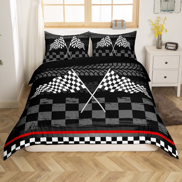 Erosebridal Housse de Couette Rétro à Carreaux Géométriques Double, Literie Drapeau de Voiture de Course Taille Double, Déco Sports Extrêmes, Réversible (Sans Couette)