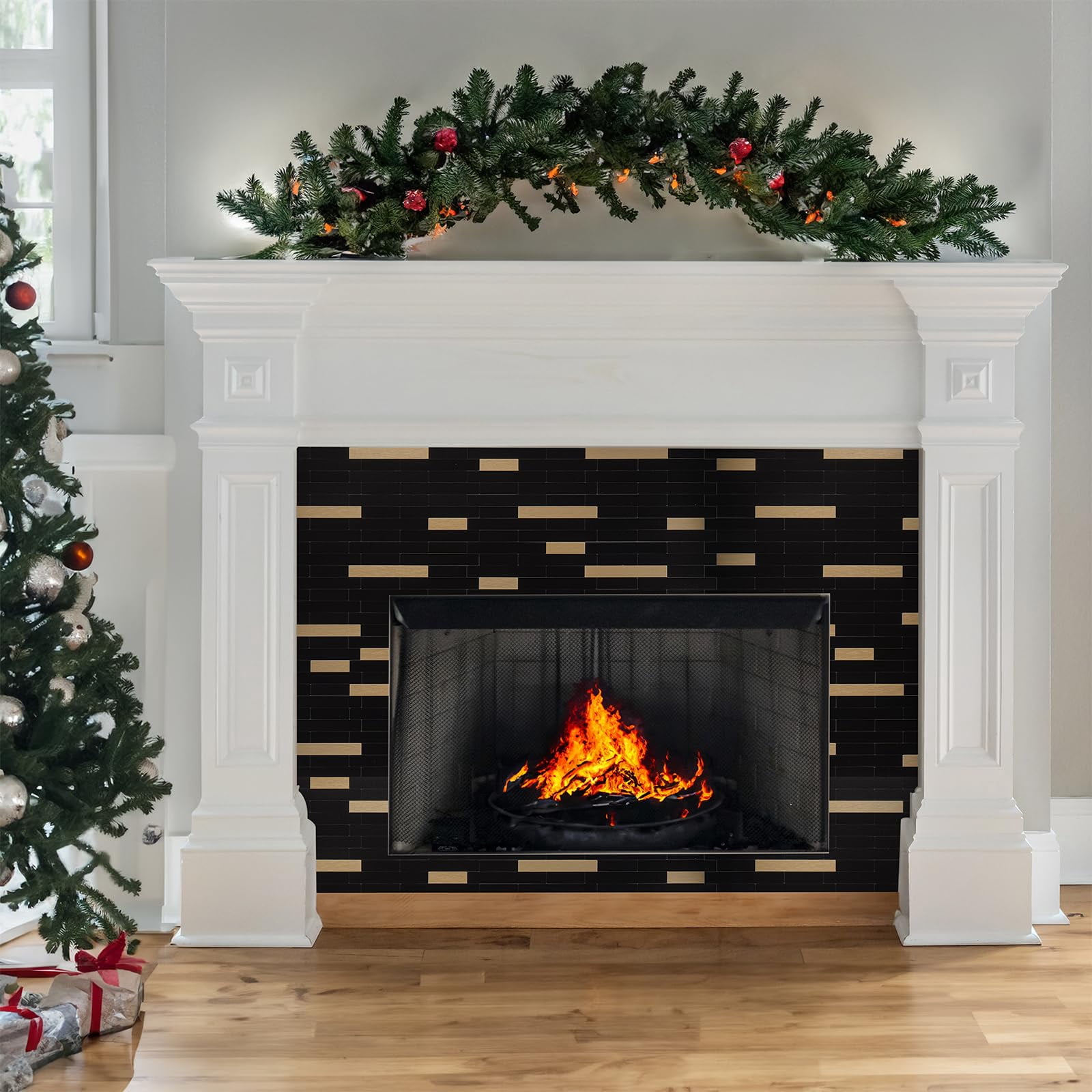 20 Sheets Peel And Stick Tile Backsplash  Black With Metal Look On Upgrade Your Kitchen Rv Fireplace