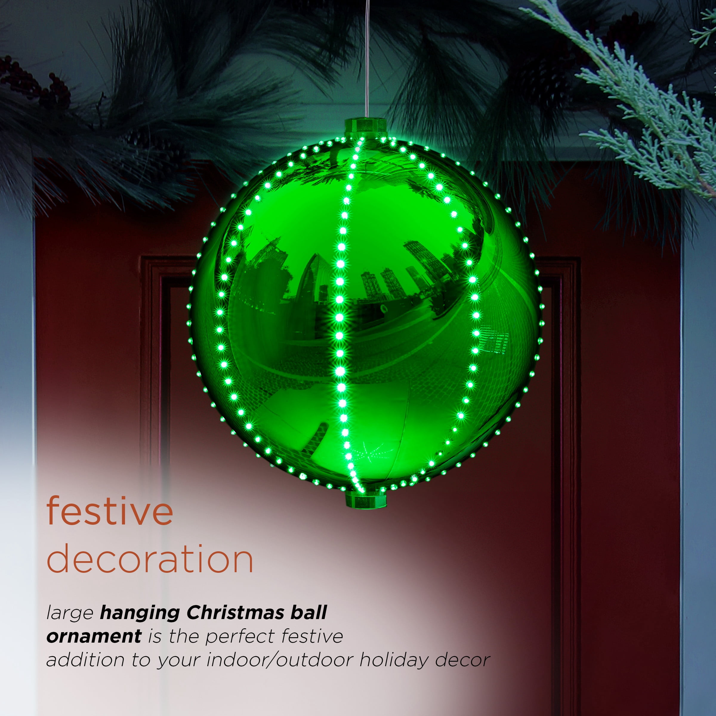 Alpine Corporation 13" Light-Up Hanging Ball Holiday Ornament, Green
