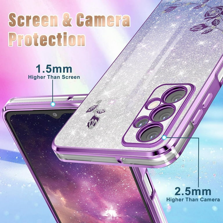 3in1 for Samsung Galaxy A32 5G Case for Women Girls Glitter Girly Cute  Bling Flowers Purple Phone Cases with Ring Stand Design Sparkle Floral  Shiny Pretty Cover for Samsung A32 5G 6.5'' -