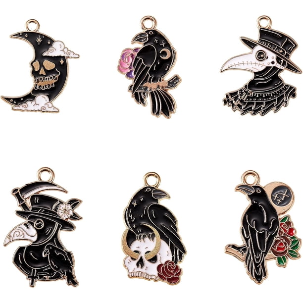 6 dijes de cuervo esmaltados en 6 estilos diferentes, dijes de metal gótico con forma de pájaro, colgantes de bruja, ideales para hacer collares, pulseras y joyería artesanal.