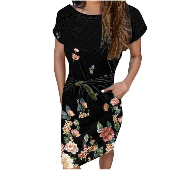 Summer Saving Wycnly Womens Dresses Casual Comfy Breathable Loose Pocket Wrap Midi Sundress with Belt Summer Floral Round Neck Short Sleeve Formal Knee-Length Dress Black l