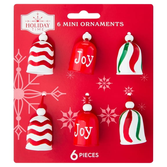 6-Count Red/White/Green Bell Mini Christmas Ornaments, 1.5", by Holiday Time