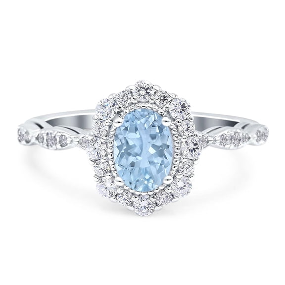 Natural Aquamarine Size-5 Art Deco Oval Floral Vintage Rings Cluster Halo CZ Wedding Engagement Ring For Women 925 Sterling Silver Gifts For Her