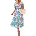 thumbnail image 3 of Women Sundress Summer Floral Short Sleeve Wrap V Neck A-Line Midi Dress Green M, 3 of 8