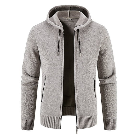 Plus Size Jackets for Men New Men's Fleece Sweater Cardigan Stand Collar Thick Warm Knitted Coat with Zipper Pockets Solid Winter Jacket Beige XL
