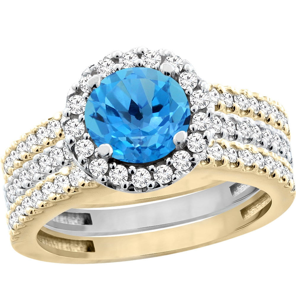 10K Gold Natural Swiss Blue Topaz 3-Piece Ring Set Two-tone Round 6mm Halo Diamond, size 7 by Gabriella Gold