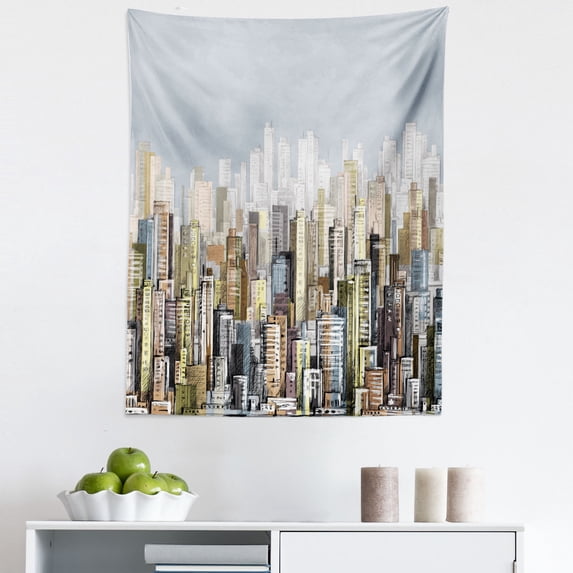 City Tapestry, Hand Drawn Modern Urban Life Illustration Apartment Buildings Skyscrapers Open Sky, Fabric Wall Hanging Decor for Bedroom Living Room Dorm, 5 Sizes, Multicolor, by Ambesonne