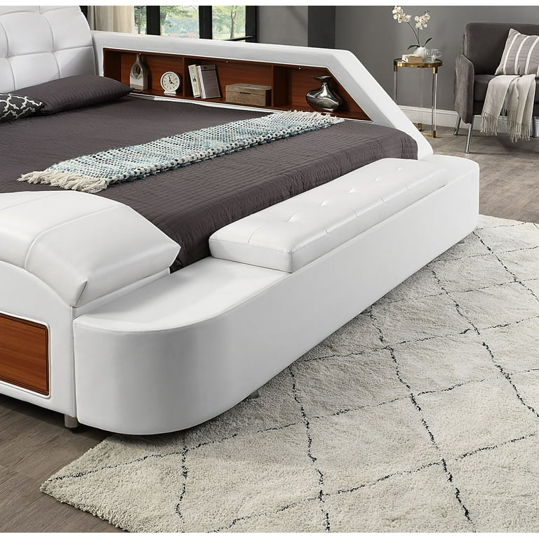 King Size Upholstered Storage Bed Frame with LED Lights and Adjustable Leather Headboard with Massage Recliner on Left Bluetooth Speaker Walmart