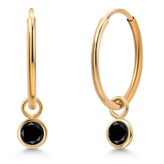 Gem Stone King 14K Yellow Gold Black Diamond Snap Closure Continuous Endless Drop Dangle Hoop Earrings for Women | 0.20 Cttw | Round 3MM | Fine Jewelry Gifts for Women Mom Wife Her