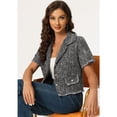 thumbnail image 2 of Camisa de tweed para mujer con borla, longitud recortada, camisa de manga corta de primavera Negro L, 2 of 5