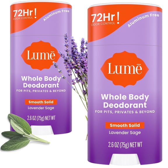 Lume Whole Body Deodorant Solid Stick - 72 Hour Odor Control - Aluminum Free, Baking Soda Free and Skin Safe - Lavender Sage, 2.6oz (2 Pack)