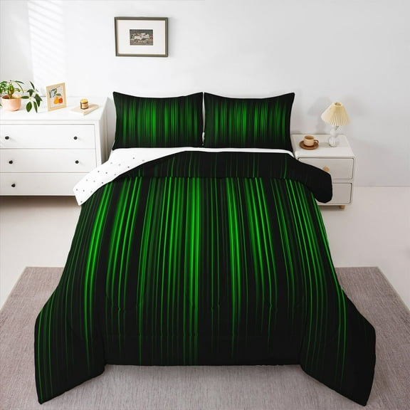 Homewish Abstract Ombre Stripes Bedding Comforter Set,Modern Abstract Geometric Twin Comforter Sets,Green Black Lines Bedding Set For Adults,Breathable Home Decor Reversible,2pcs