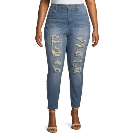 Dollhouse Juniors' Plus Size Rip and Repair Snake Jean
