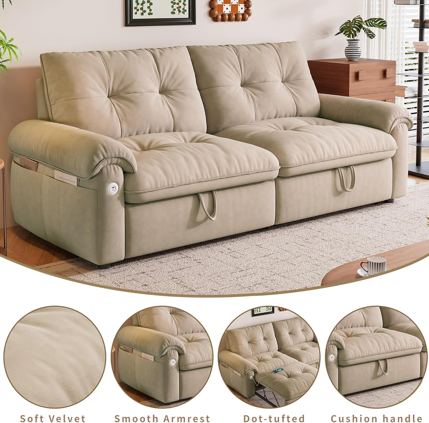 77" Queen Size Convertible Sleeper Sofa, 3-in-1 Chenille Couch Bed with Cup Holders & USB Ports for Living Room, Bedroom & Small Spaces