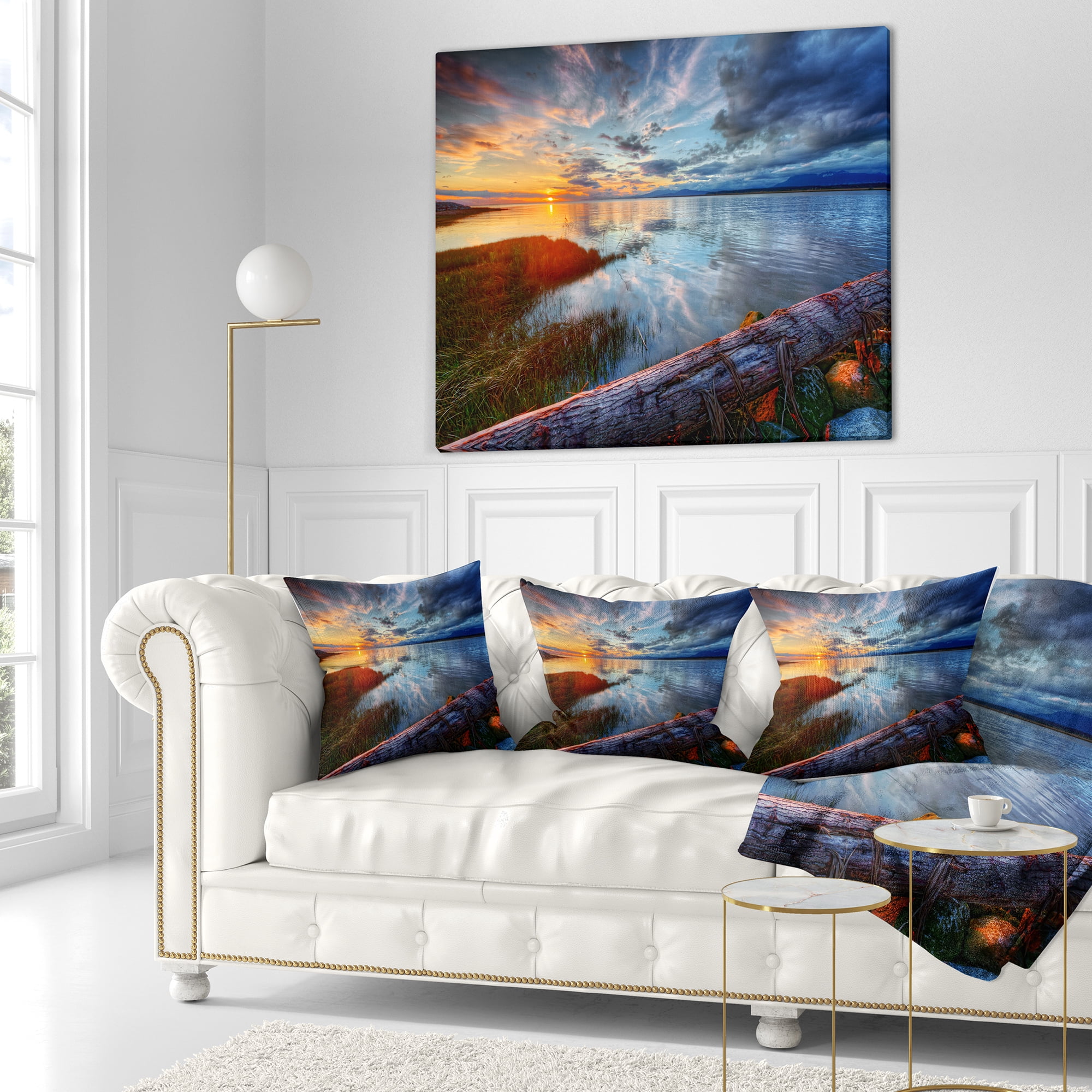 Designart Colorful River Sunset With Log - Seashore Throw Pillow - 16x16