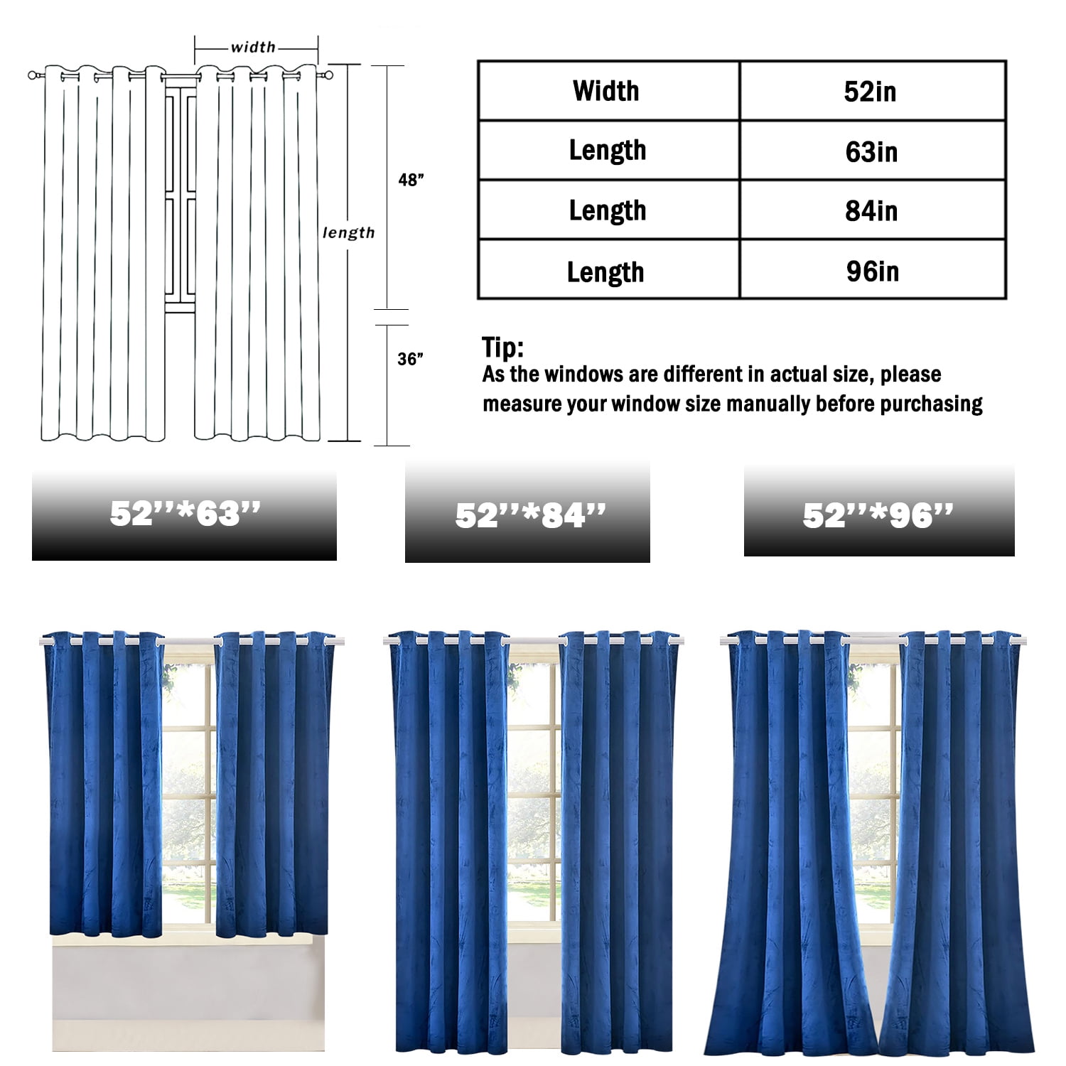 WWisewater 2 Panels Velvet Curtains Grommet Curtains ,Patio Door Drapes, Light Blocking Curtain,Blackout Curtains, Royal Blue, 52x96 inch