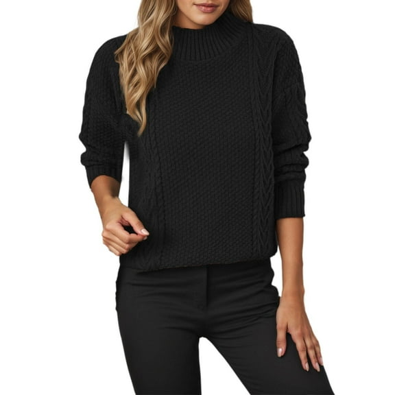 FYDUU Womens Cable Knit Sweaters Loose Knit Pullover Sweater High Neck Pattern Short Front Long Back Slit Hem Sweater Tops Blouses Versatile Clothes