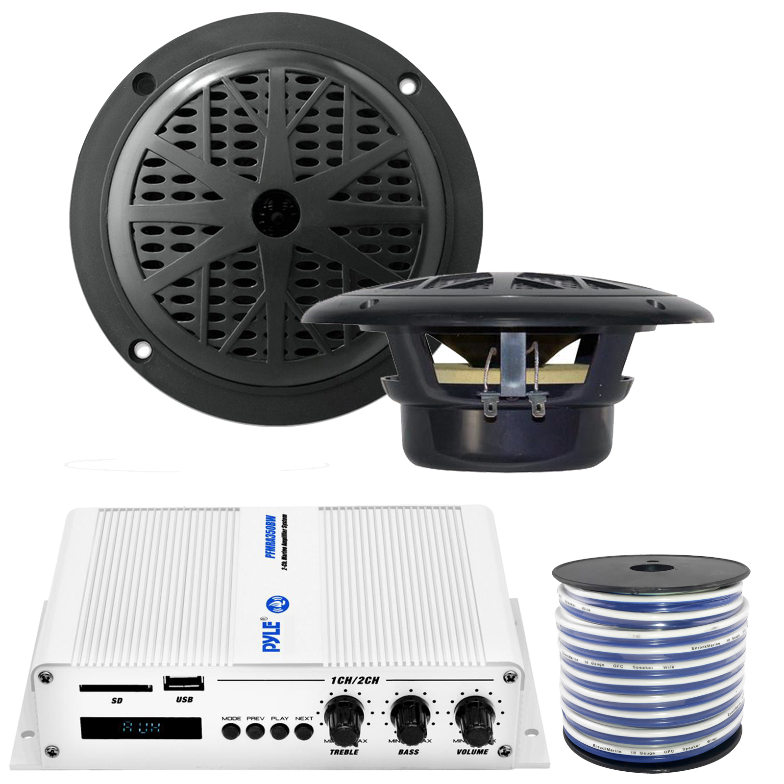 2 x Pyle 120 Watt 6.5'' Dual Cone Black Marine Speakers, Pyle 2Channel