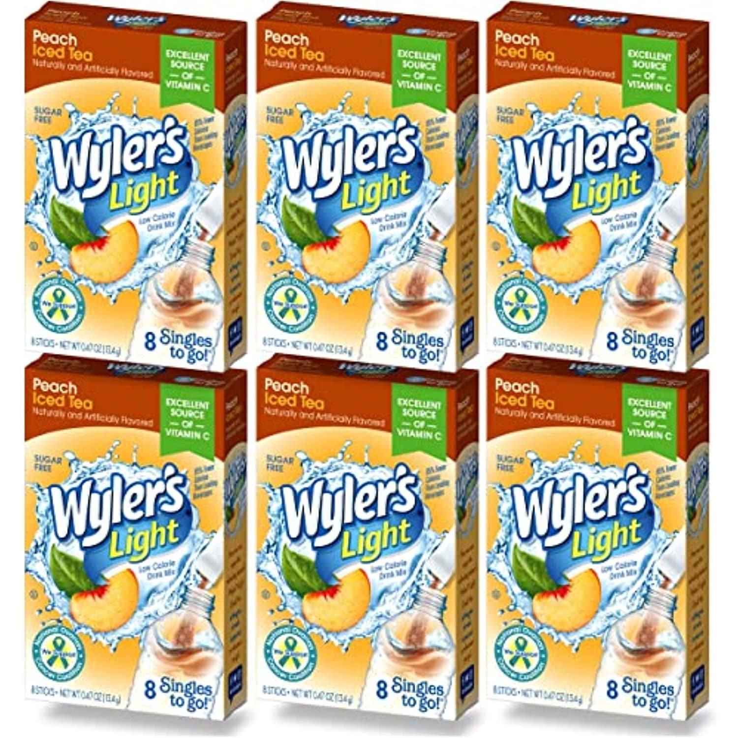 Wylers Light Singles To Go (6 Pack), Peach Iced Tea Water Drink Mix, 48 Total Powder Drink Mix Packets