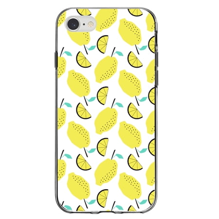 DistinctInk Clear Shockproof Hybrid Case for iPhone 7 8 SE (2020 Model) 4.7 Screen TPU Bumper Acrylic Back Tempered Glass Screen Protector - Summer Graphics - Lemon Pattern - Lemonade