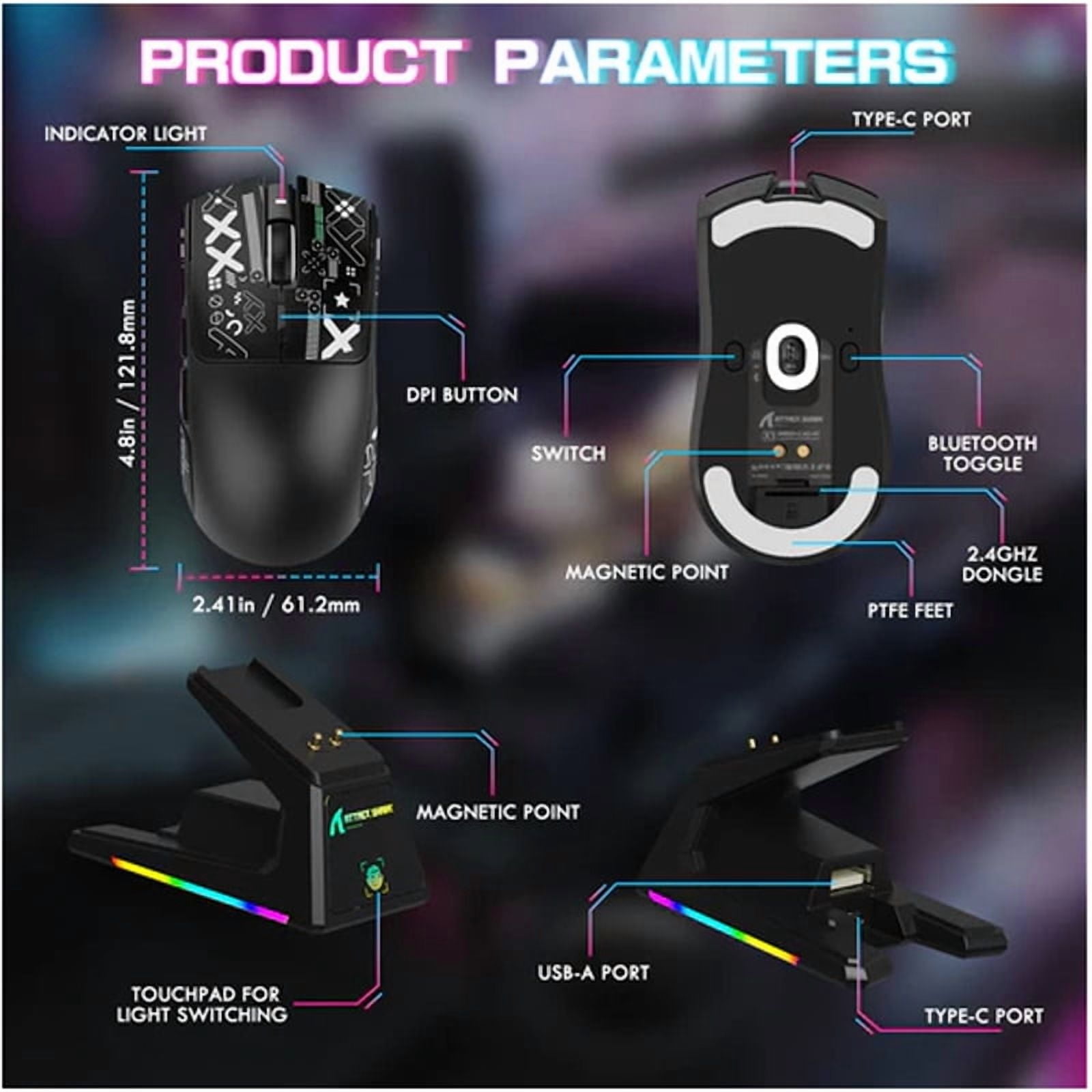 ATTACK SHARK X1 Tri-mode Gaming Mouse with Touchpad RGB Charging Dock PAW3395PRO Gaming Sensor, BT/2.4G Wireless/Wired, 6 Adjustable DPI up to 40000, Omron Optical Microswitches