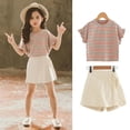 thumbnail image 3 of WOLLED 2PCS Kids Toddler Girls T-Shirt Outfit Teen Stripe Top Tees + Shorts Set Girls Short Sleeve Tees Outfit Summer Casual Versatile Tees Set for 4-14T, 3 of 7