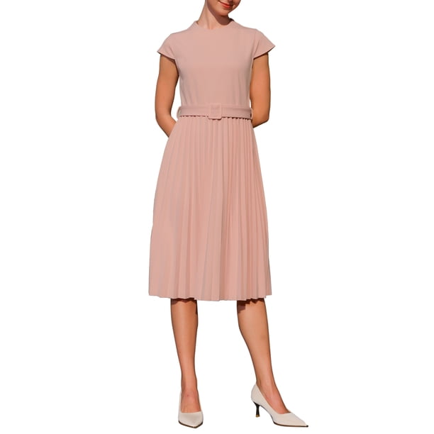 Vestido plisado para mujer Inspire Chic con cuello simulado, mangas cortas, ceñido a la cintura, estilo A, color rosa