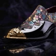 thumbnail image 2 of Men's Embroidered Slip-On Dress Shoes, Floral Glitter Print Patent Leather Slip-On Shoes, Pointed Toe Low Block Heel Formal Footwear, 2 of 6