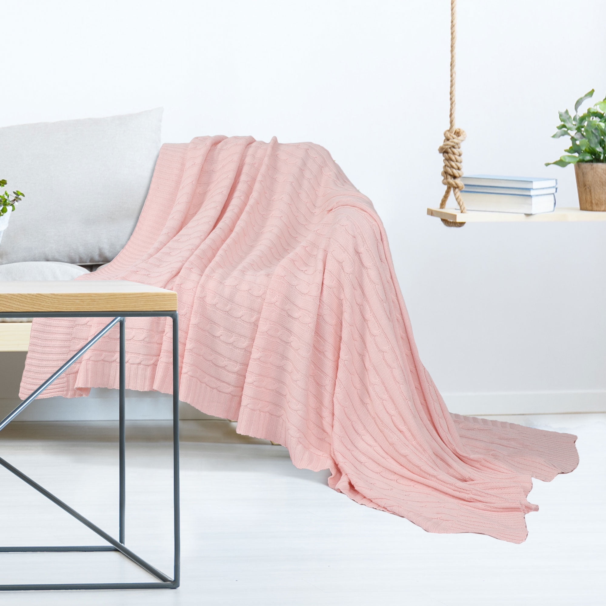 Unique Bargains Cable Knitted Bed Sofa Throw Blanket Pink 47" x 71"
