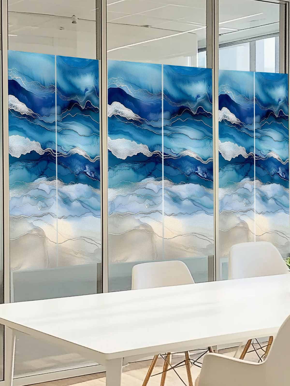 Ocean Waves Window Privacy Film, Gradient Blue White Marble Waves Frosted Glass Window Clings Static Cling UV Heat Blocking Reusable Door Sticker for Bathroom 23.6 x 59 Inch